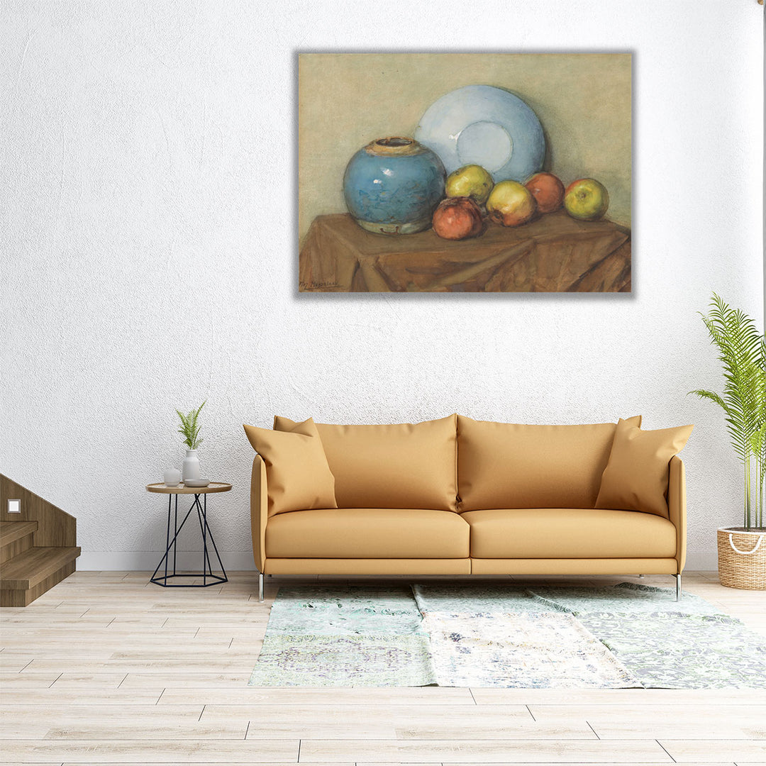 Appels, Ronde Pot en Plaat op een Tafel - Canvas Print Wall Art