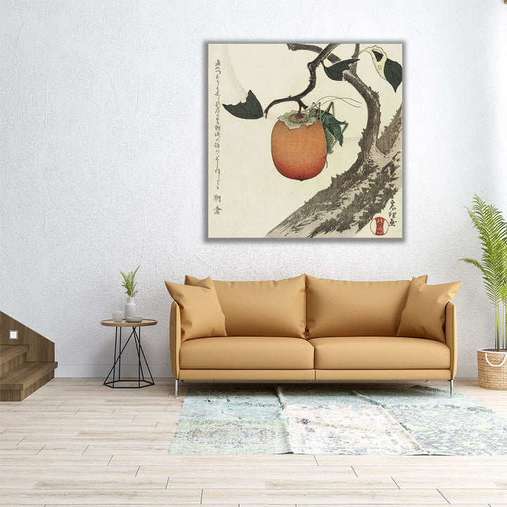 Kakivrucht Met Sprinkhaan - Canvas Print Wall Art