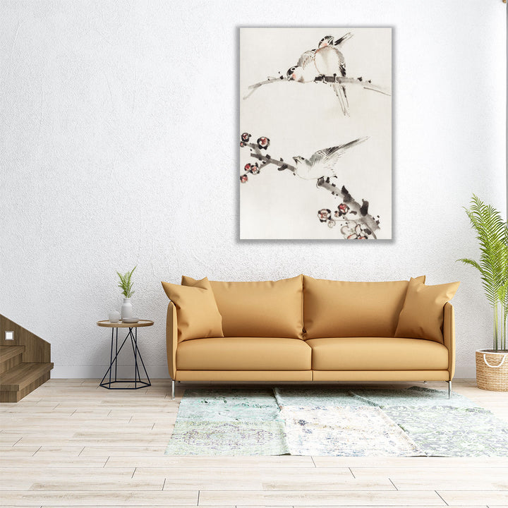 Three Birds Perched on Branches, One with Blossoms - Canvas Print Wall Art