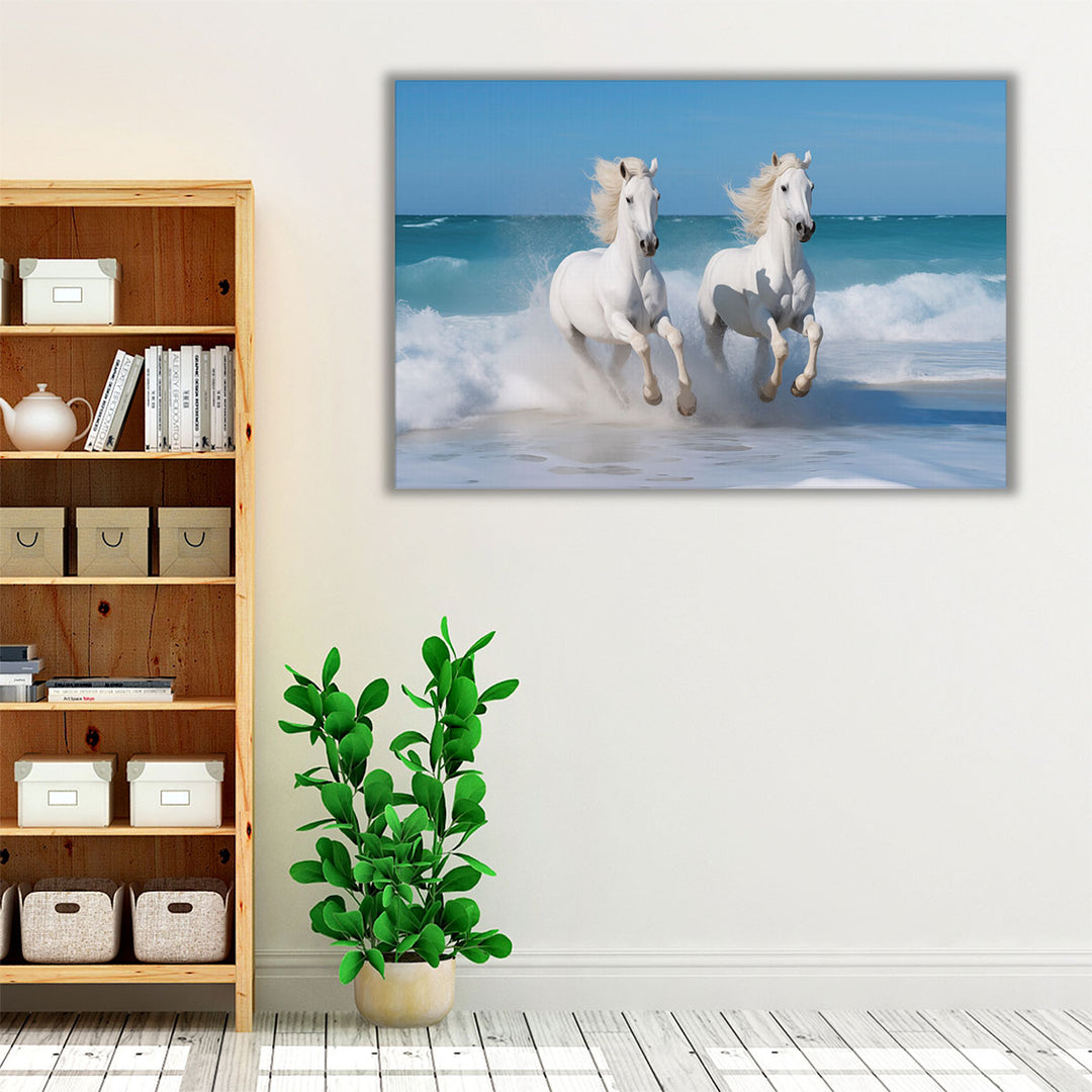 Two White Horses Running On a Beach - Canvas Print Wall Art