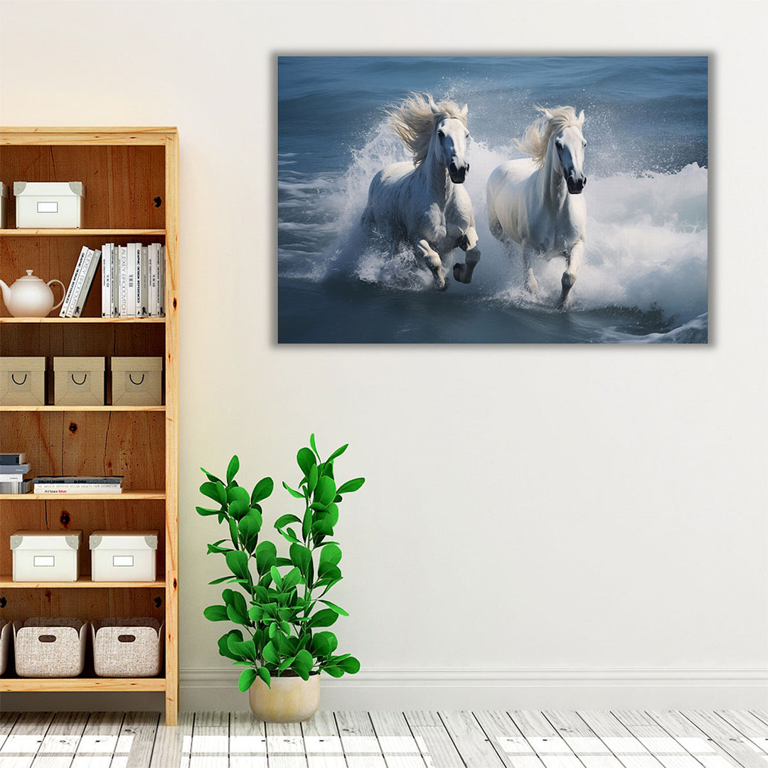 Two White Horses Running on a Beach With Waves - Canvas Print Wall Art