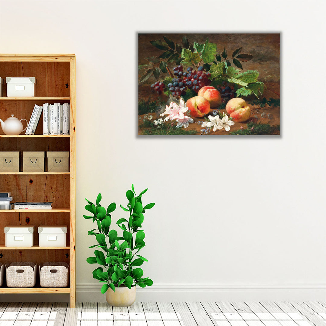 A Forest Still Life with Peach and Grapes - Canvas Print Wall Art