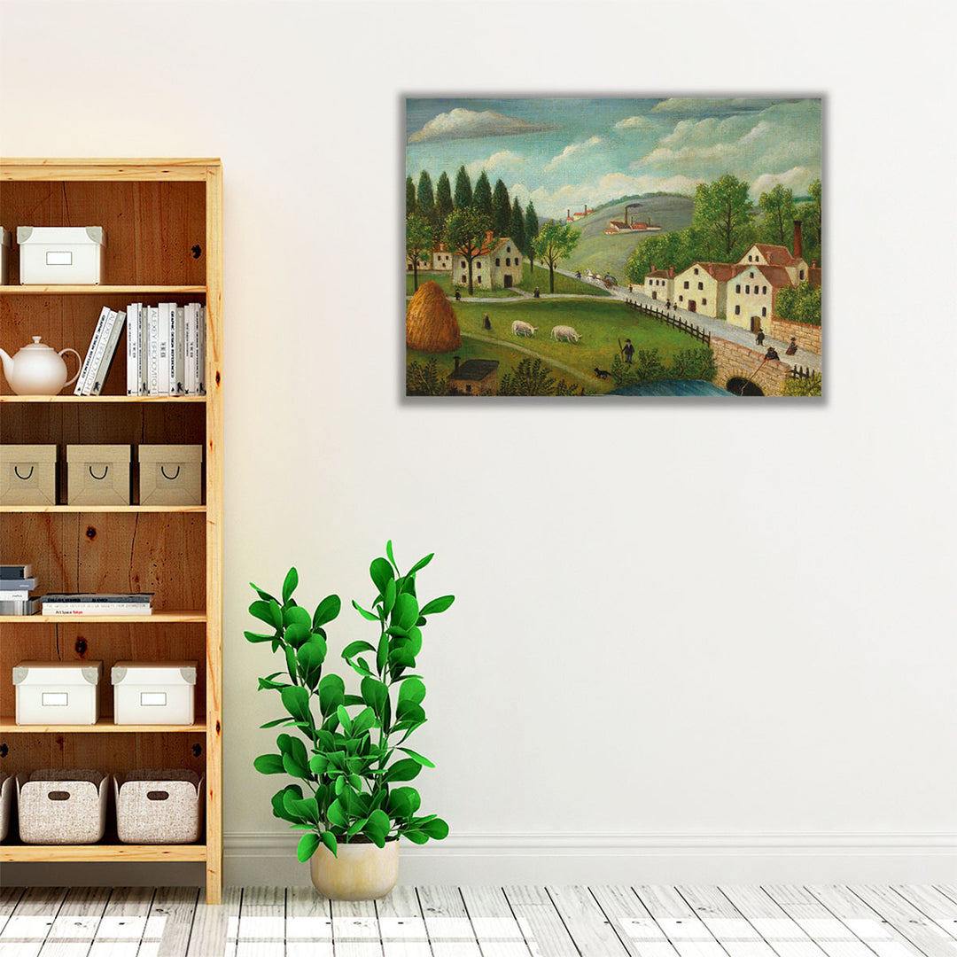 Pastoral Landscape with Stream, Fisherman and Strollers - Canvas Print Wall Art