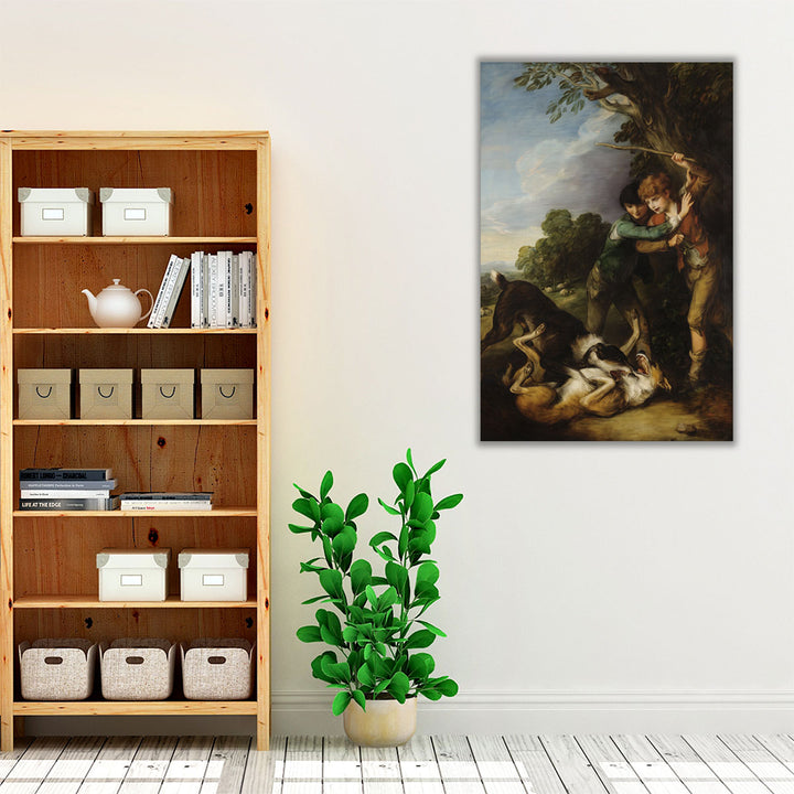 Two Shepherd Boys with Dogs Fighting - Canvas Print Wall Art