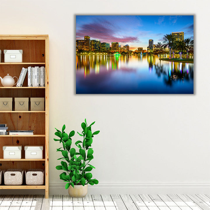 Orlando, Florida Downtown City Skyline On Eola Lake - Canvas Print Wall Art