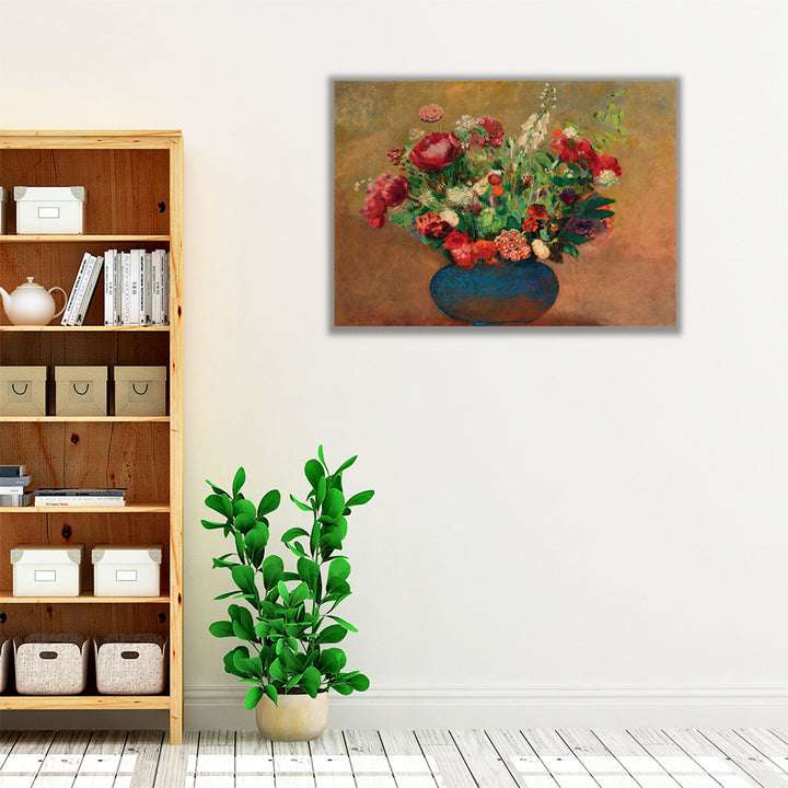 Pavots Et Oeillets De Poète Dans Un Vase Bleu - Canvas Print Wall Art