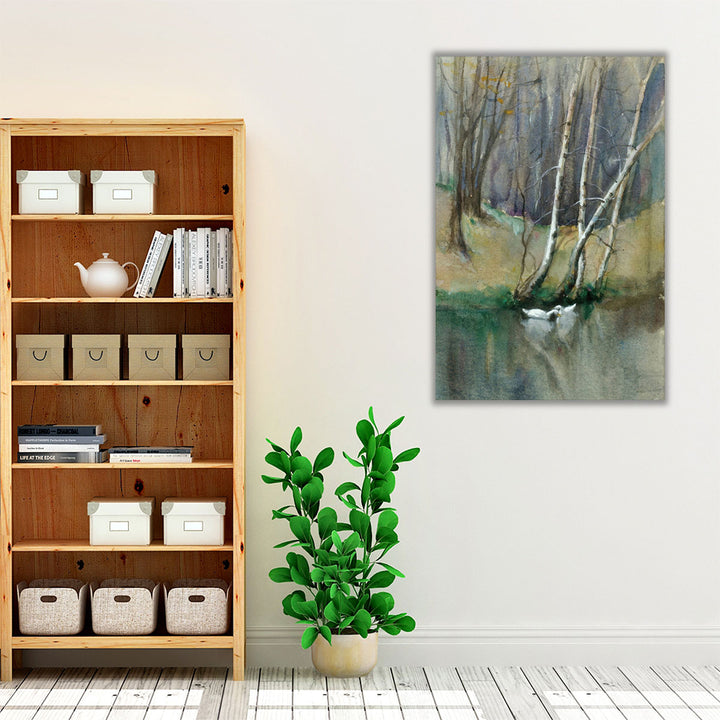 Wood Scene with Birch Trees and Ducks - Canvas Print Wall Art