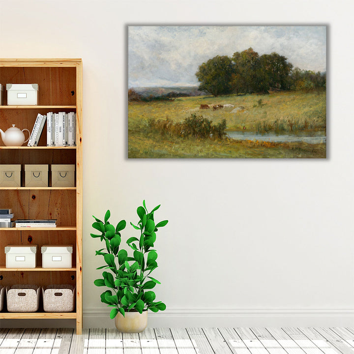 Bright Scene of Cattle near Stream - Canvas Print Wall Art