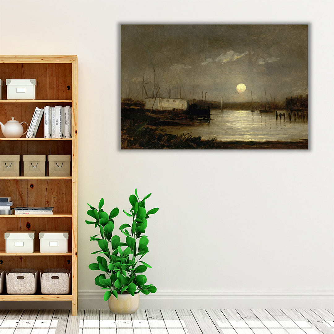 Wharf Scene with Full Moon and Masts of Boats - Canvas Print Wall Art