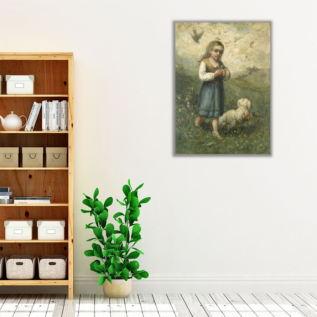 Child with Birds and Dog - Canvas Print Wall Art