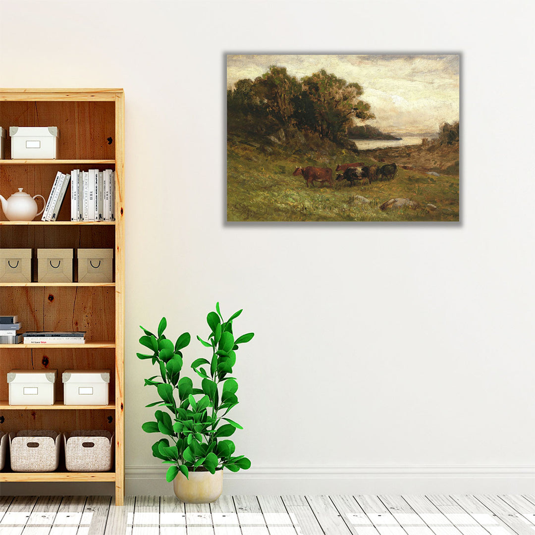 Five Cows Grazing with Trees and River in Background - Canvas Print Wall Art
