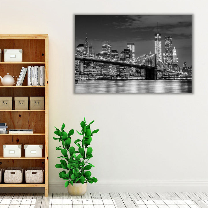 Brooklyn Bridge and Manhattan Skyline At Night in Black and White - Canvas Print Wall Art