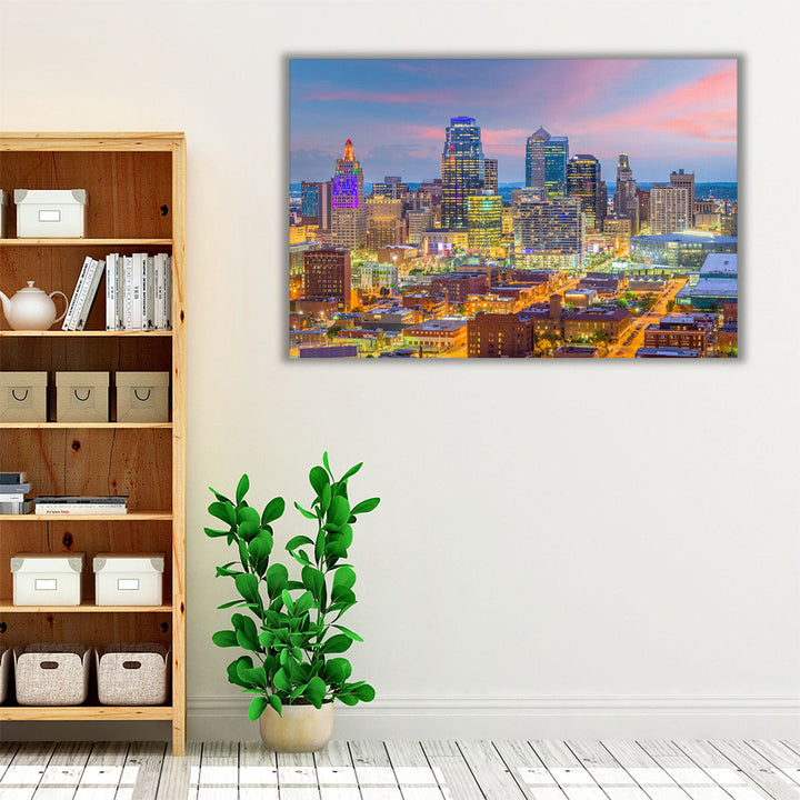 Kansas City, Missouri, Downtown Cityscape At Twilight - Canvas Print Wall Art