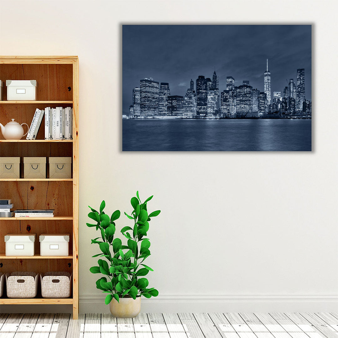 New York City Manhattan Downtown Skyline At Night - Canvas Print Wall Art