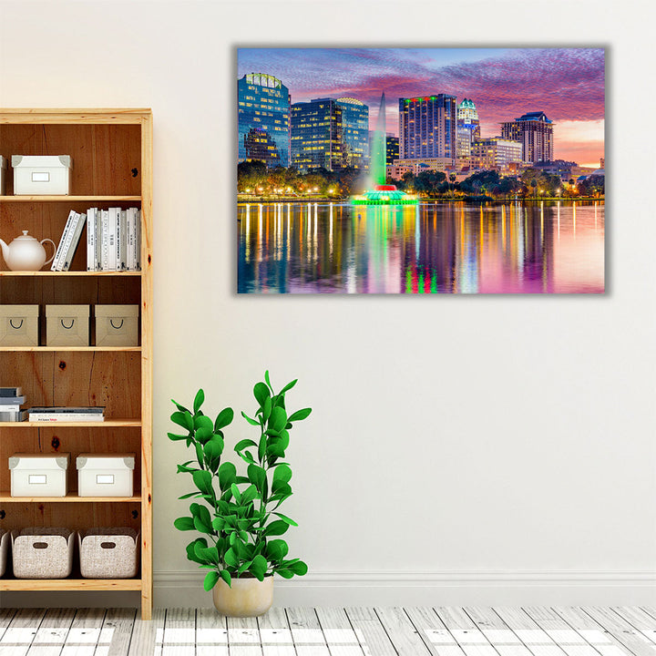 Orlando, Florida, Skyline At Dusk on Eola Lake - Canvas Print Wall Art