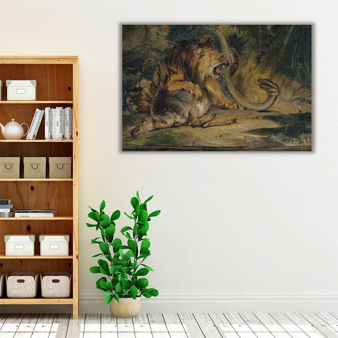 Lion Defending its Prey - Canvas Print Wall Art