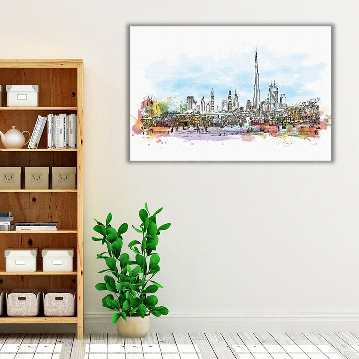 Watercolor Sketch of Jumeirah Beach with Burj Skyline Dubai - Canvas Print Wall Art