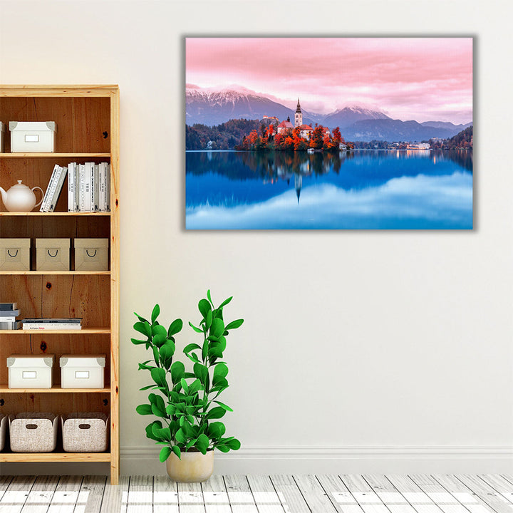 Ancient Church and Bled lake in Slovenia - Canvas Print Wall Art