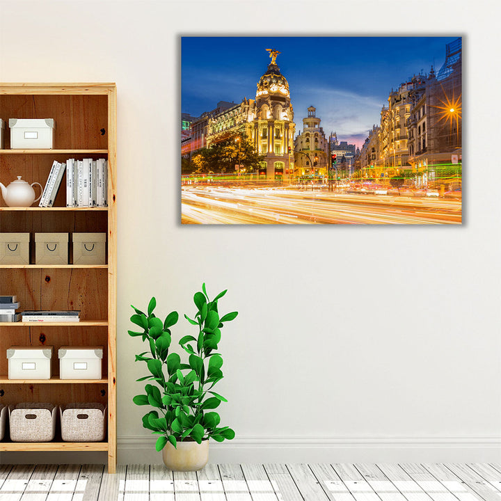 Madrid Gran via at Dusk Time, Spain - Canvas Print Wall Art