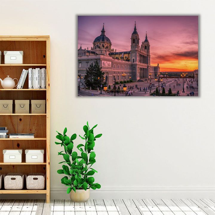 Madrid, Spain the Cathedral of Saint Mary, The Royal of La Almudena at Sunset - Canvas Print Wall Art