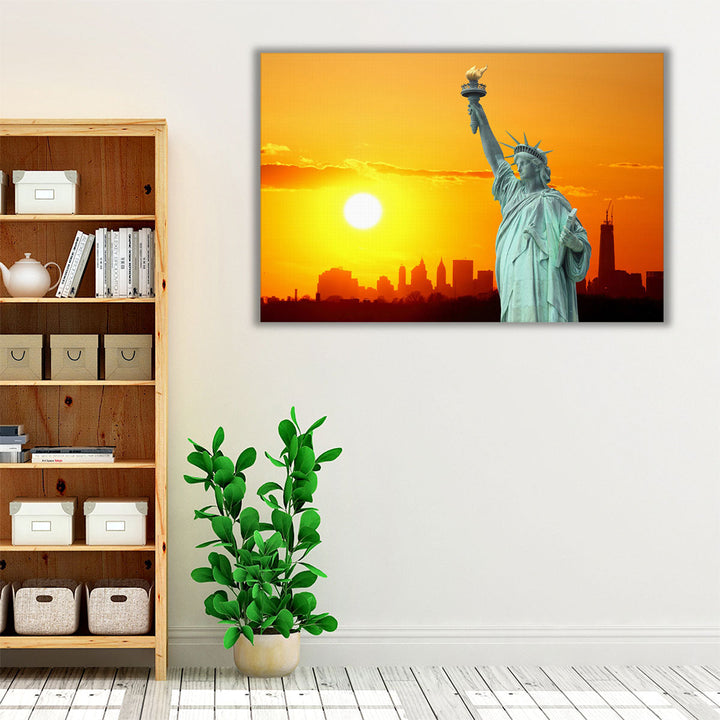 Manhattan Skyline and The Statue of Liberty at Sunset, New York City - Canvas Print Wall Art