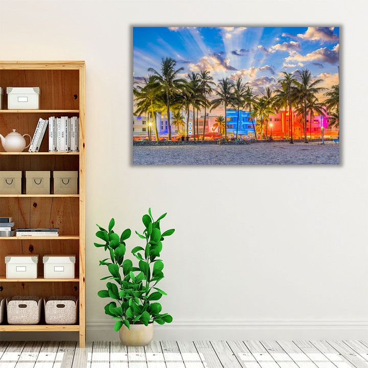 Miami Beach, Florida USA Cityscape on Ocean Drive - Canvas Print Wall Art