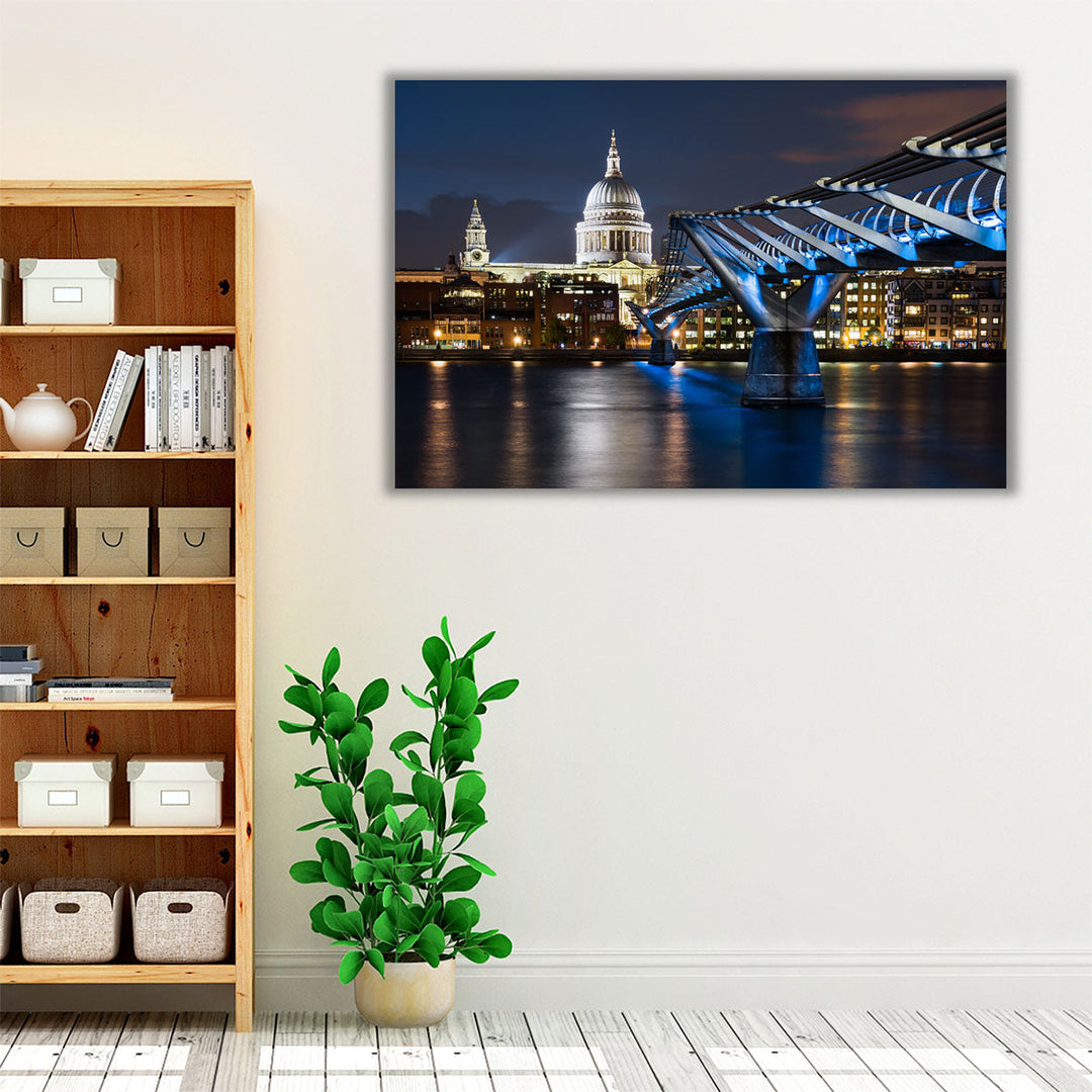 St Paul's Cathedral and Millennium Footbridge Over the Thames London Skyline - Canvas Print Wall Art