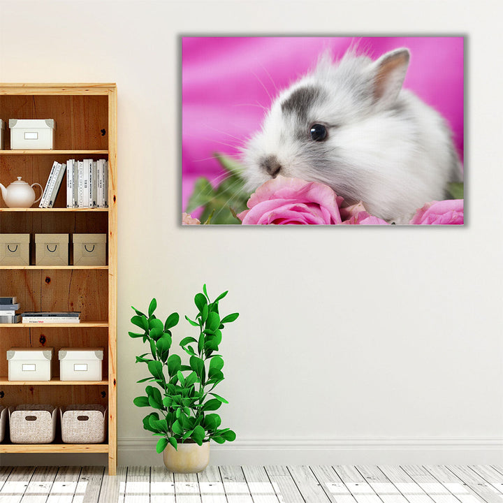 Cute Rabbit With Pink Roses - Canvas Print Wall Art