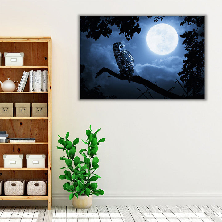 An Owl, Quiet Night, and a Bright Moon - Canvas Print Wall Art