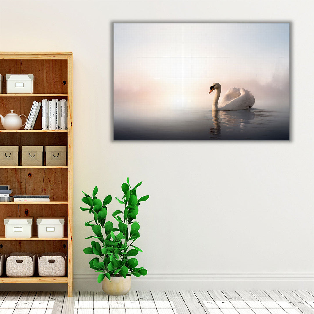 Swan Floating on the Water At Sunrise - A Minimalistic Art - Canvas Print Wall Art