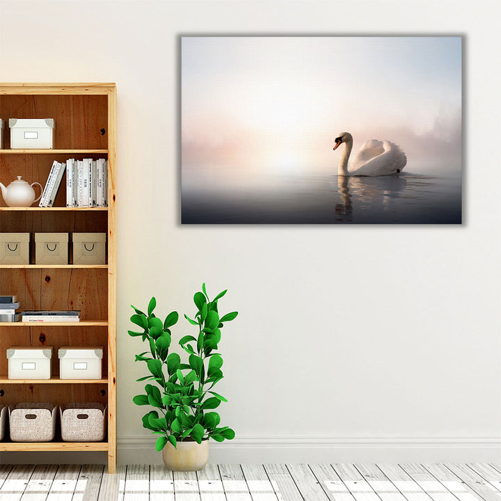 Swan Floating on the Water At Sunrise - A Minimalistic Art - Canvas Print Wall Art