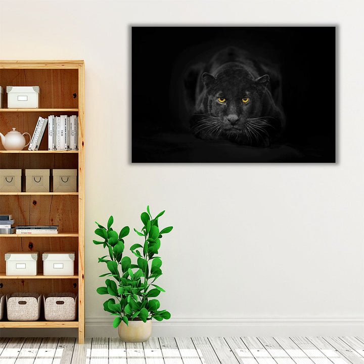 Black Panther Sitting in a Dark Background - Canvas Print Wall Art