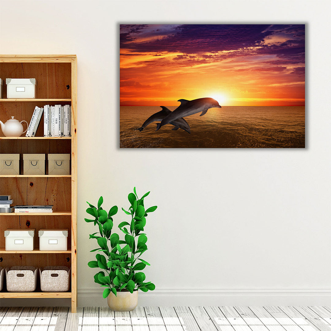 Jumping Dolphins, Beautiful Red Sunset on Sea - Canvas Print Wall Art