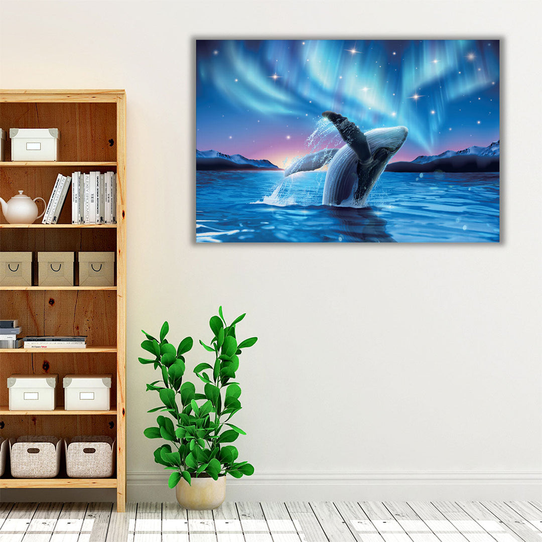 Humpback Whale Breaching Water With Breathtaking Aurora - Canvas Print Wall Art