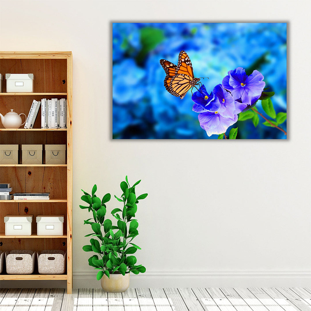 Beautiful Butterfly on Blue Flowers - Canvas Print Wall Art