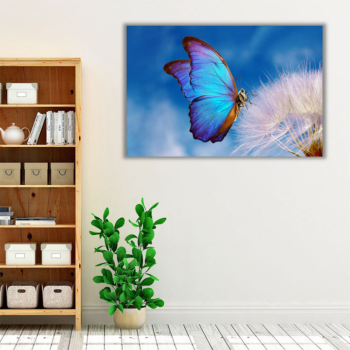 Morpho Butterfly and Dandelion Flower with Blue Sky - Canvas Print Wall Art