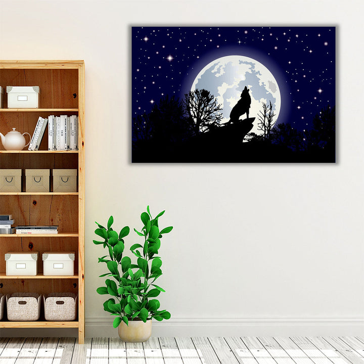 Howling Lone Wolf with Full Moon Background - Canvas Print Wall Art