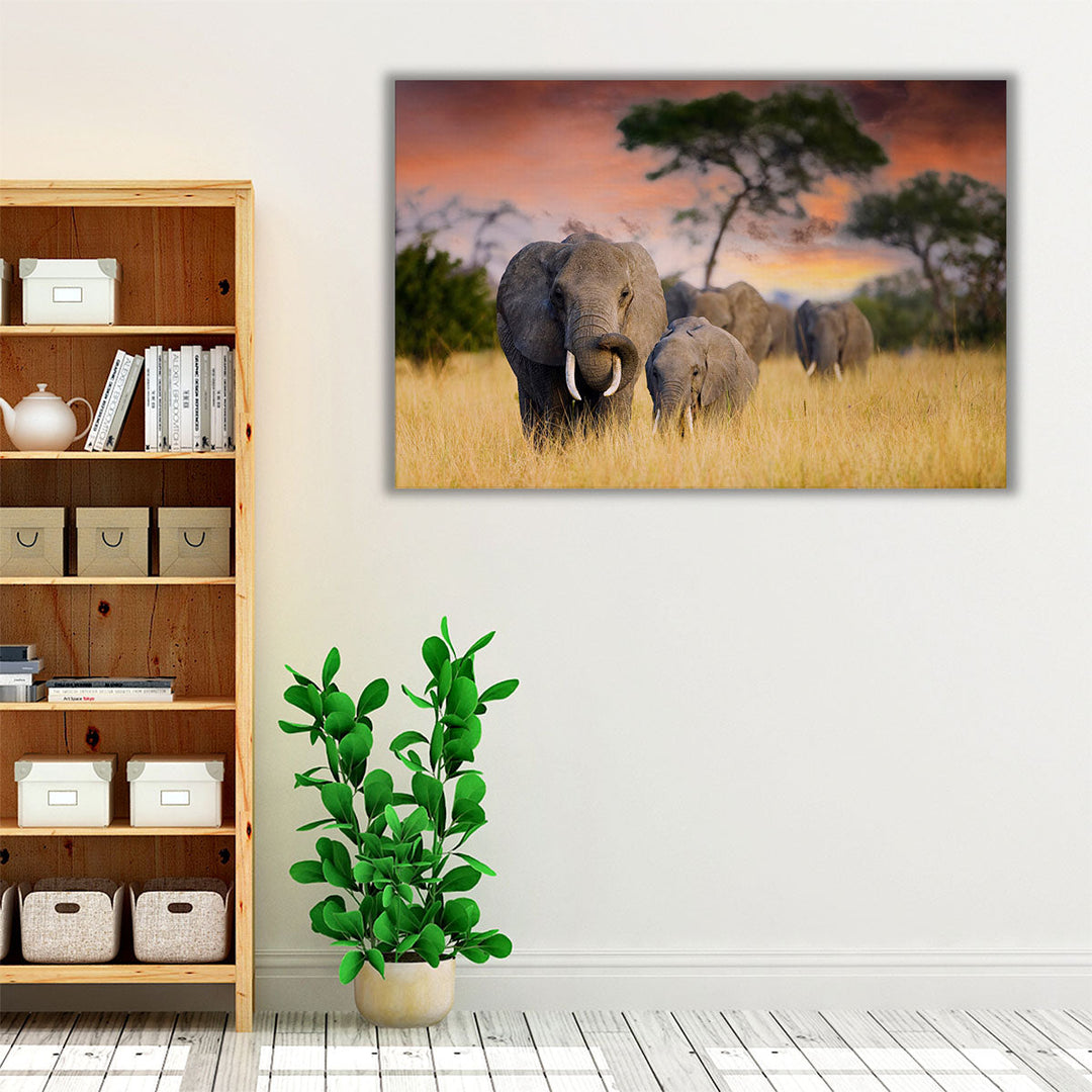 A Herd of Wild Elephants in Tarangire National Park - Canvas Print Wall Art