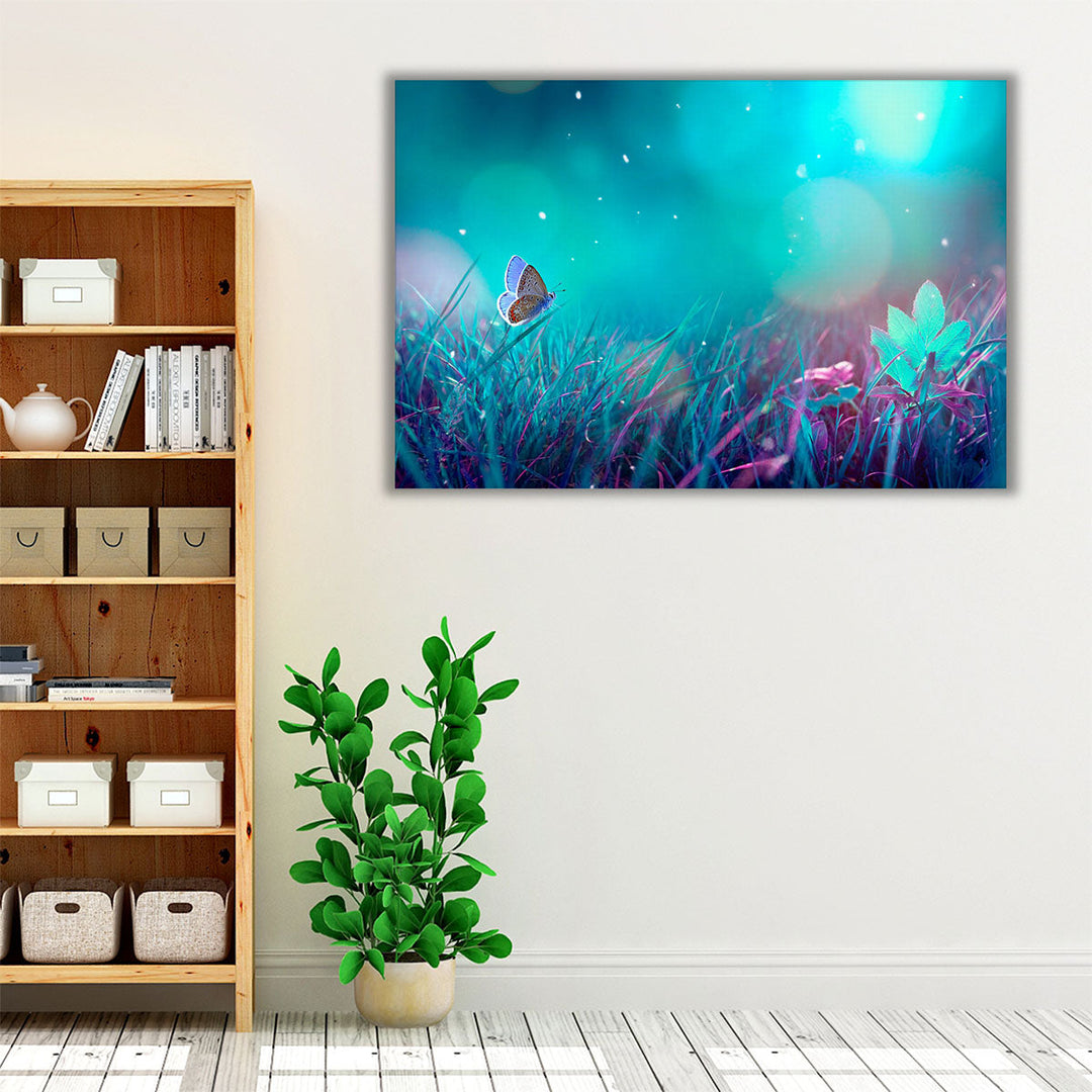 Butterfly in a Meadow At Night, Turquoise Background - Canvas Print Wall Art