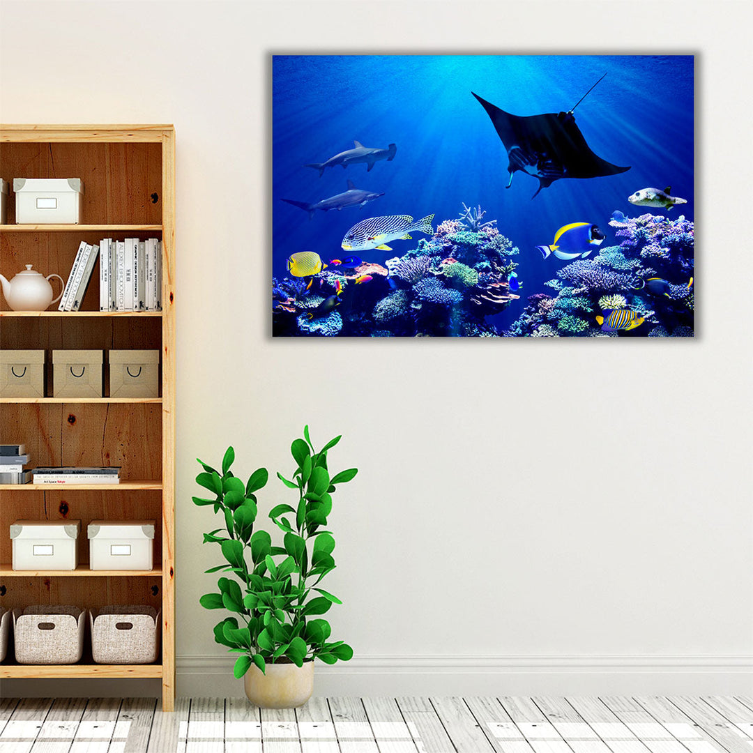 Eagle Ray and Hammerhead Sharks , Underwater Coral Reef - Canvas Print Wall Art