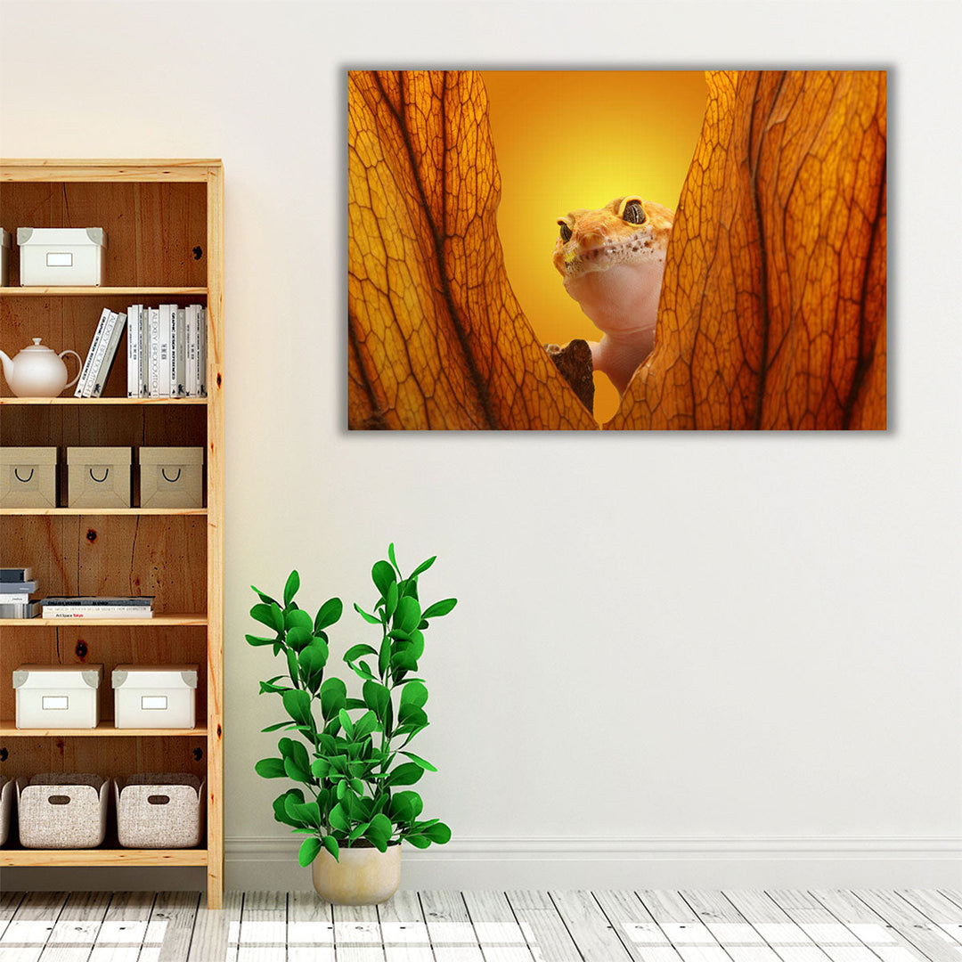 Gecko Lizard on Yellow Background - Canvas Print Wall Art