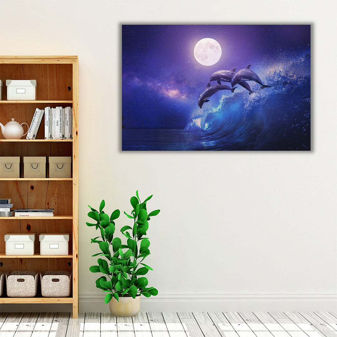 Three Dolphins Leaping in a Sea, Night Ocean and Full Moon - Canvas Print Wall Art