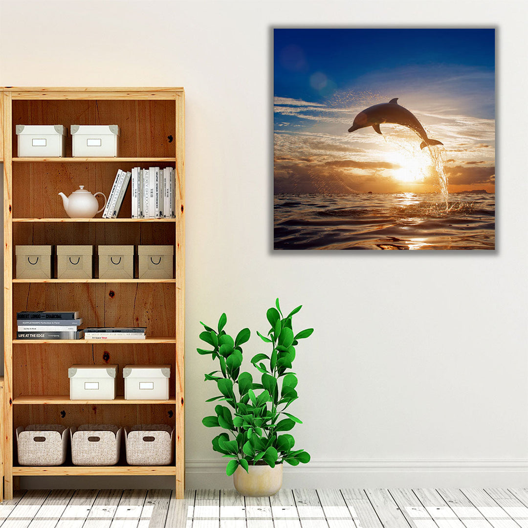 A Dolphin Leaping From Sea Water During Shining Sunset - Canvas Print Wall Art