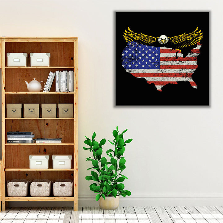 USA Map Shape Flag With An Eagle - Canvas Print Wall Art