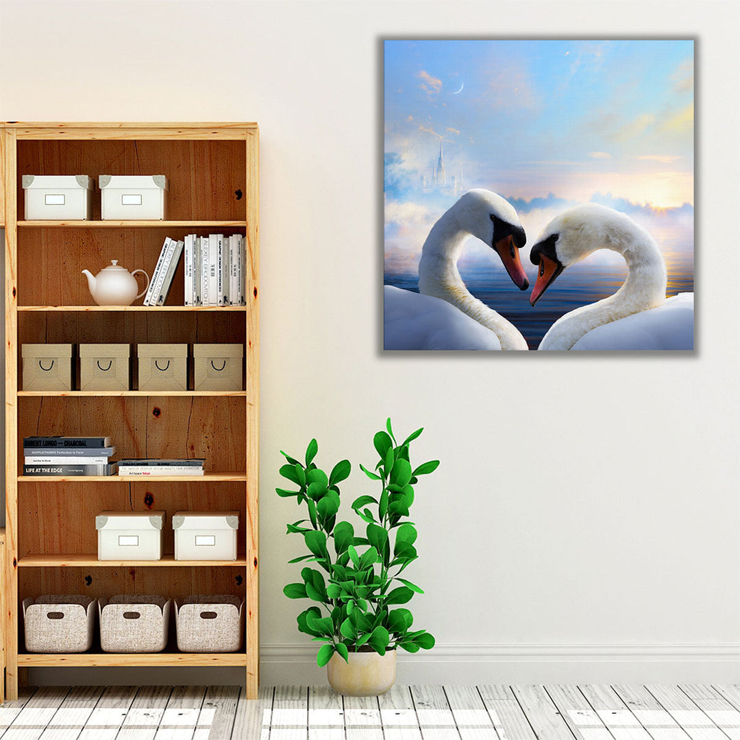 Pair of Swans in Love at Sunrise - Canvas Print Wall Art