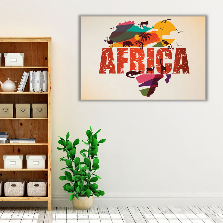 Africa Map With Wild Animals Silhouettes - Canvas Print Wall Art