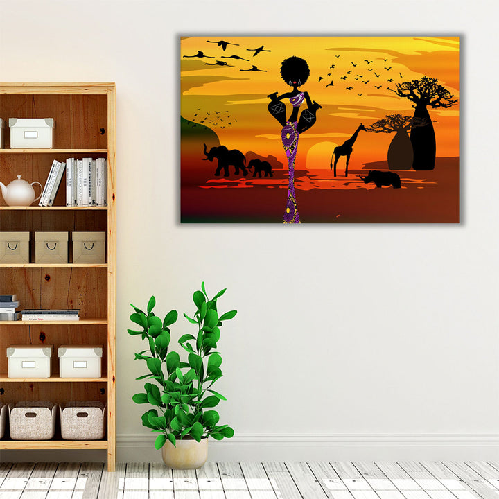 An African Woman Carrying Water In The Pots In Traditional Ankara Dress - Canvas Print Wall Art