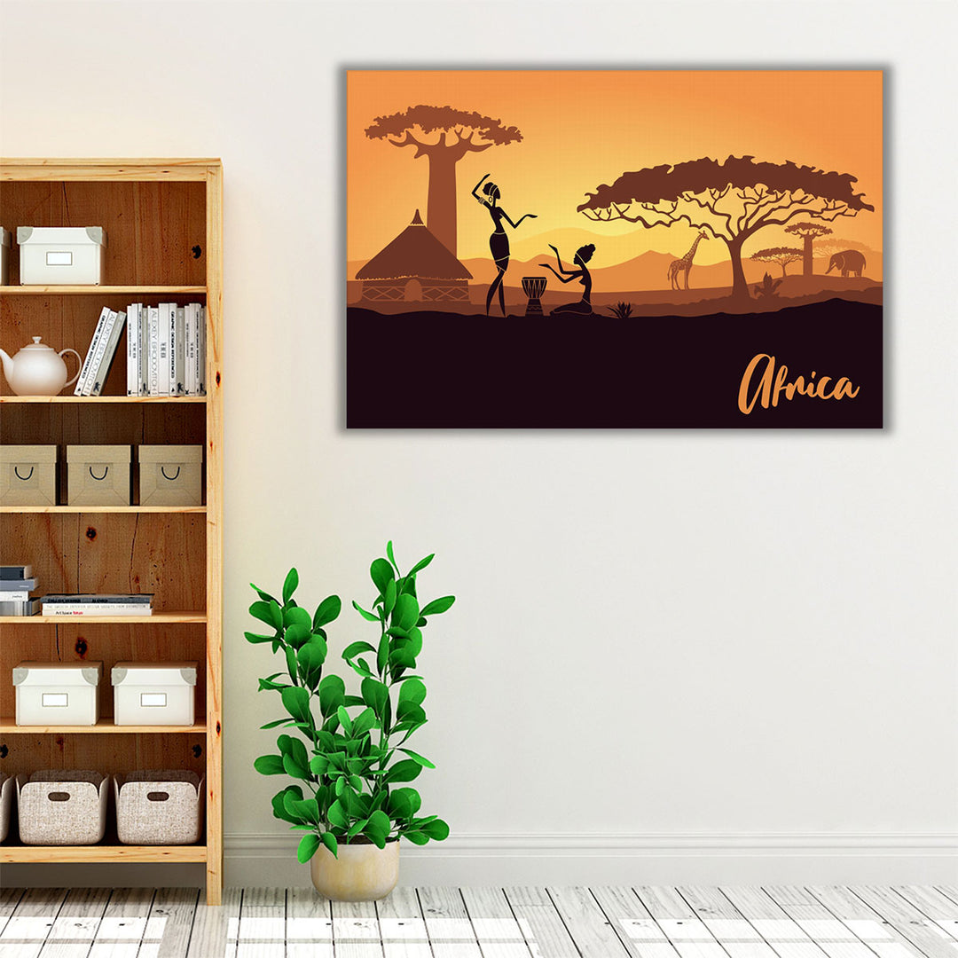 Silhouettes Of Tribal Women During Sunset, An African Landscape - Canvas Print Wall Art