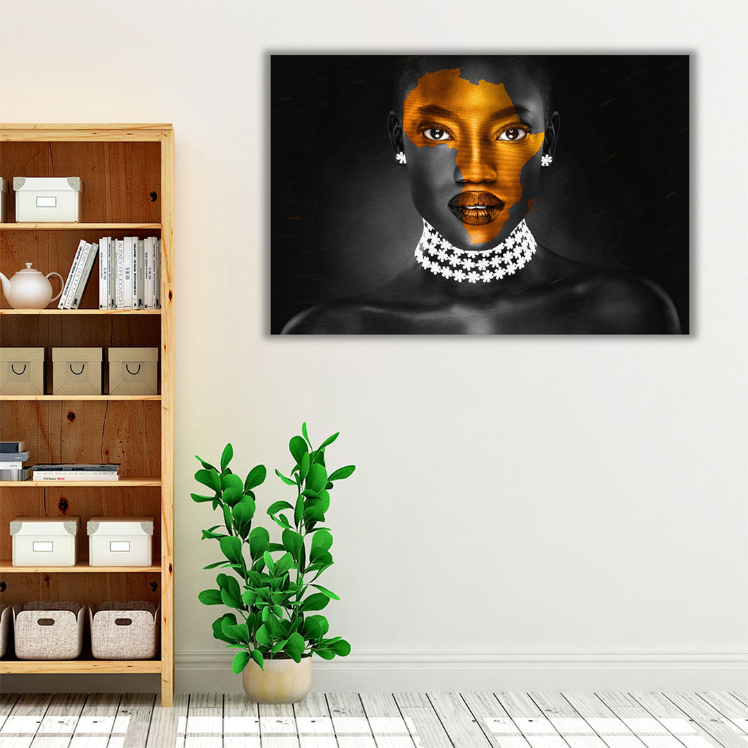 Africa Map Symbol On Black Women Face - Canvas Print Wall Art