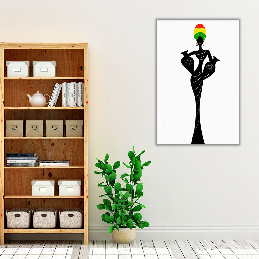 Silhouette Of A Beautiful African Woman With A Turban and Amphorae - Canvas Print Wall Art